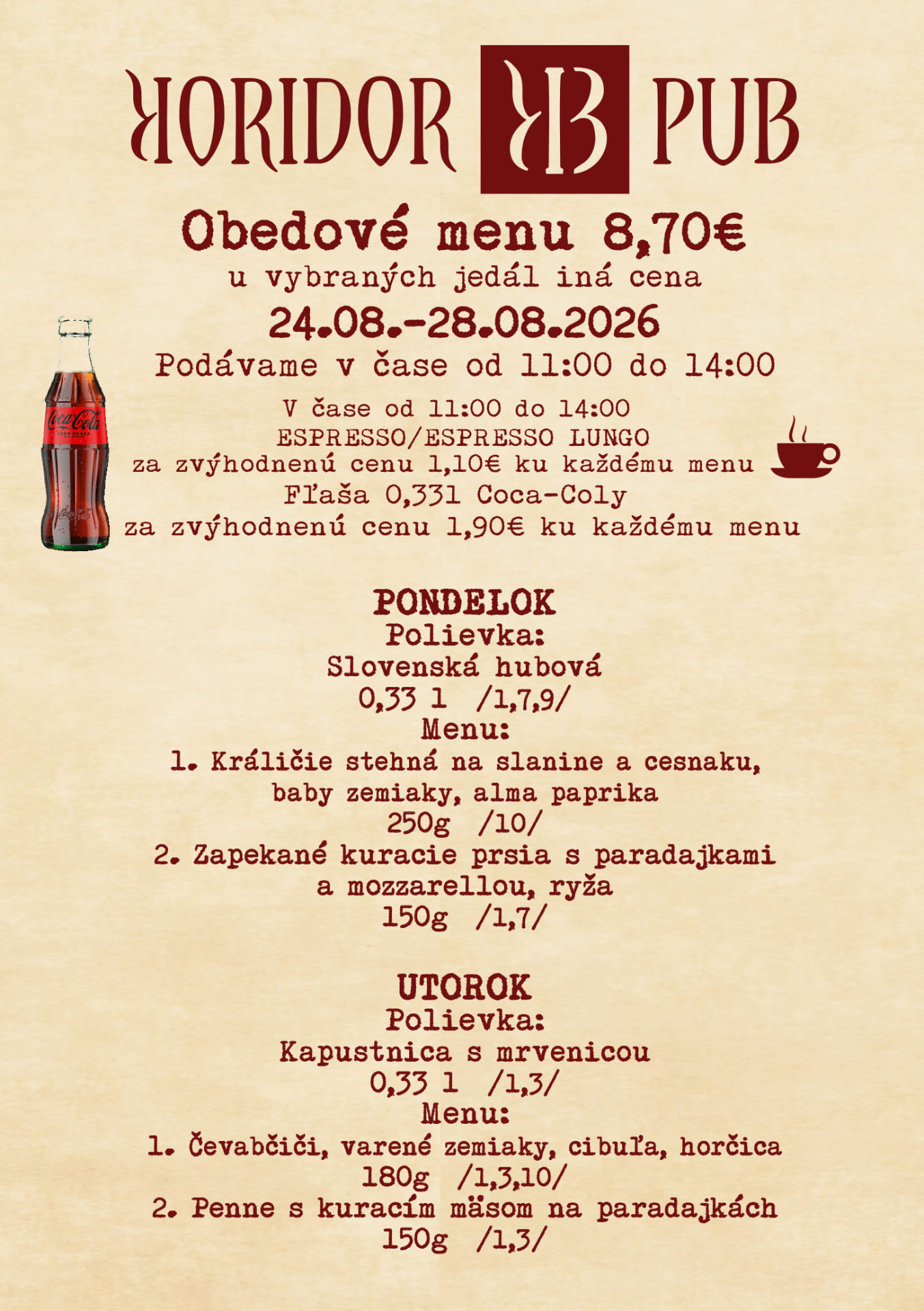 Obedové menu Koridor Pub 24.08.–28.08.2026 — Pondelok a Utorok