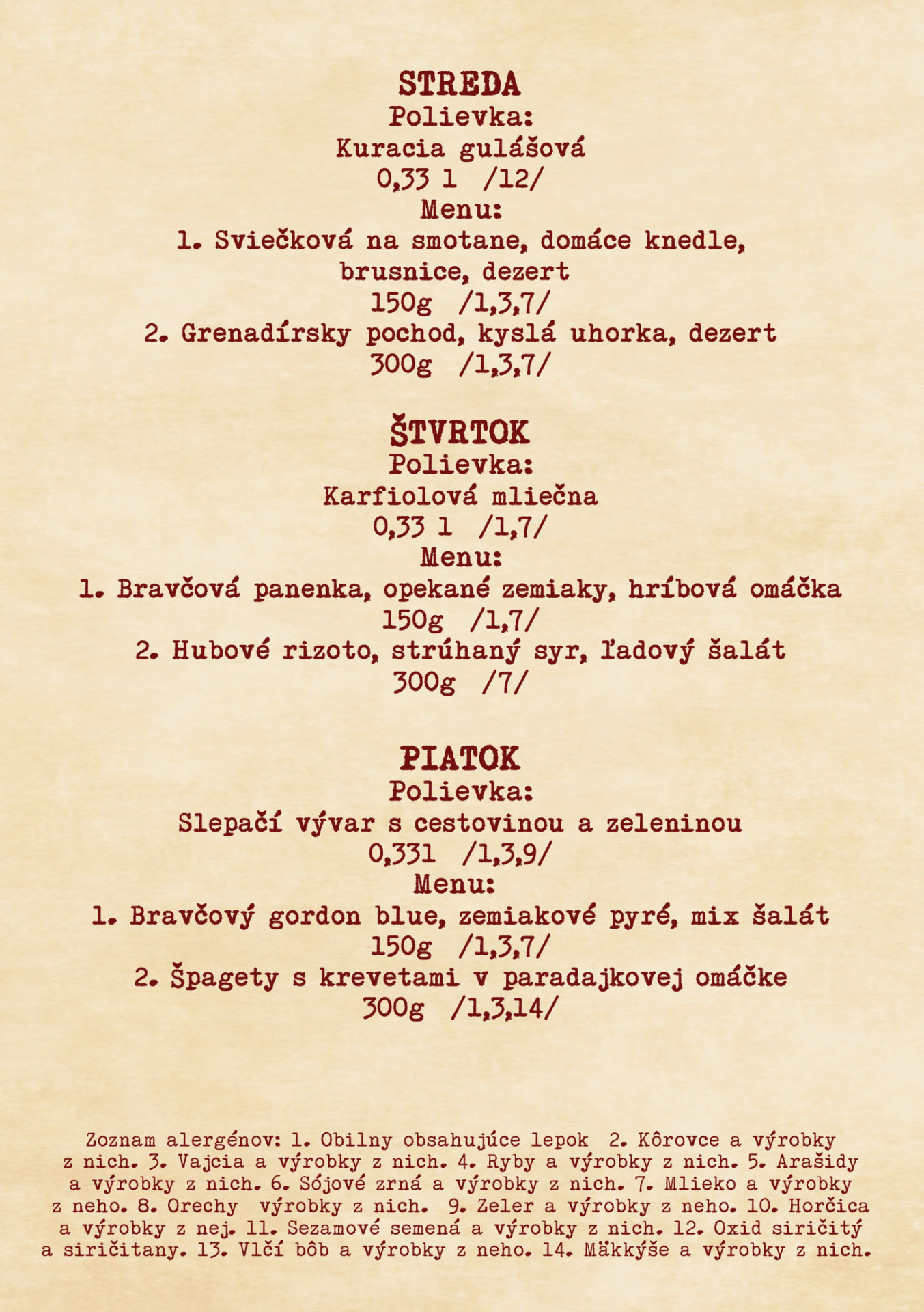 Obedové menu Koridor Pub 24.08.–28.08.2026 — Streda, Štvrtok, Piatok a alergény